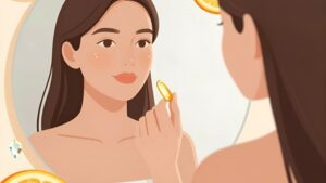 Женщина с сияющим лицом держит золотистую капсулу, используя нутрицевтики против пигментации и тусклости кожи
